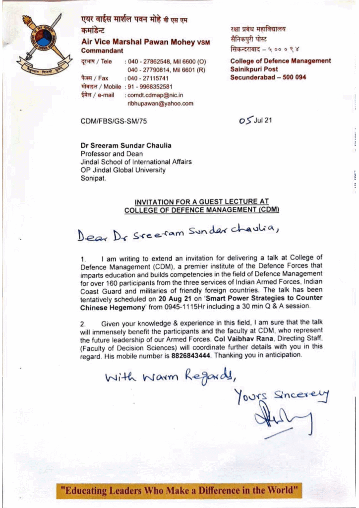 Dr. Sreeram Chaulia invited by College of Defence Management to address Indian and foreign armed forces July 5, 2021